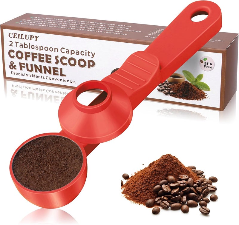 CEILUPY 2-in-1 Coffee Scoop with Funnel, 2 Teaspoon Measuring Spoon for Reusable Pods, Ground Coffee, Protein Powder & Tea, Mess-Free Plastic Design (Red) - Image 1